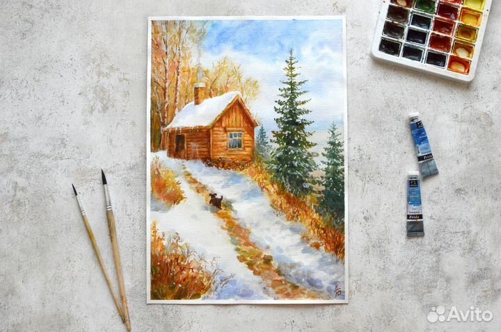 Картина Домик лесника акварель лес природа деревья