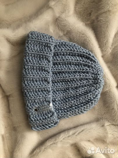 Шапка бини ручная работа серо-голубой