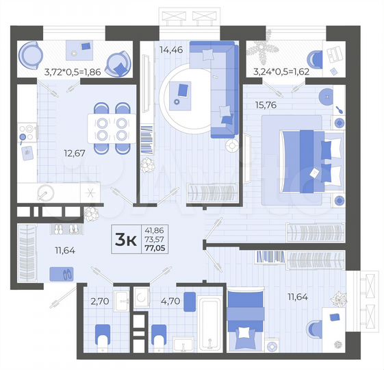 3-к. квартира, 77,1 м², 10/14 эт.