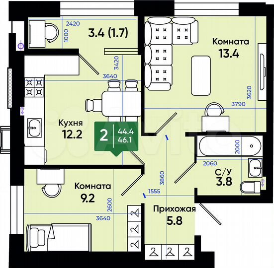 2-к. квартира, 46,1 м², 2/3 эт.