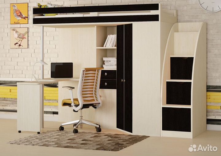 Кровать чердак детская с лестницей-комодом