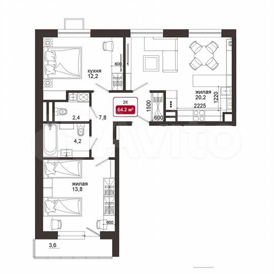 2-к. квартира, 64,2 м², 2/4 эт.
