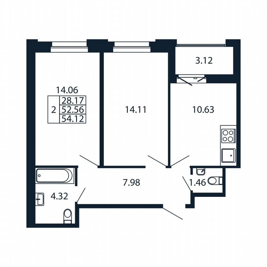 2-к. квартира, 54,1 м², 8/12 эт.