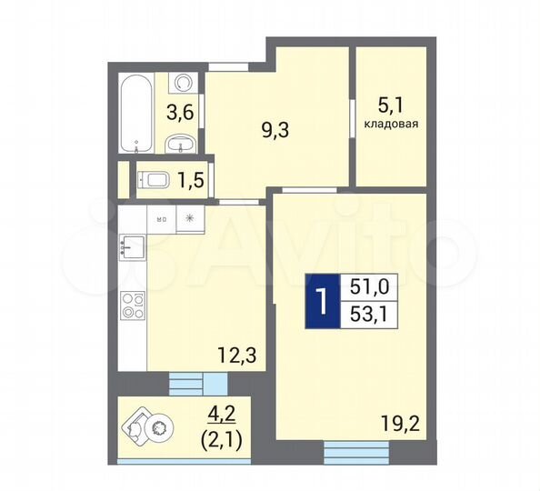 1-к. квартира, 53,4 м², 11/12 эт.