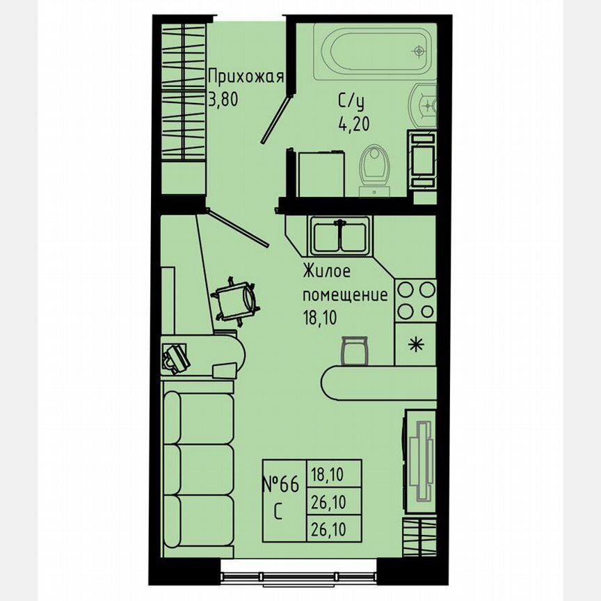 Квартира-студия, 26,1 м², 1/8 эт.