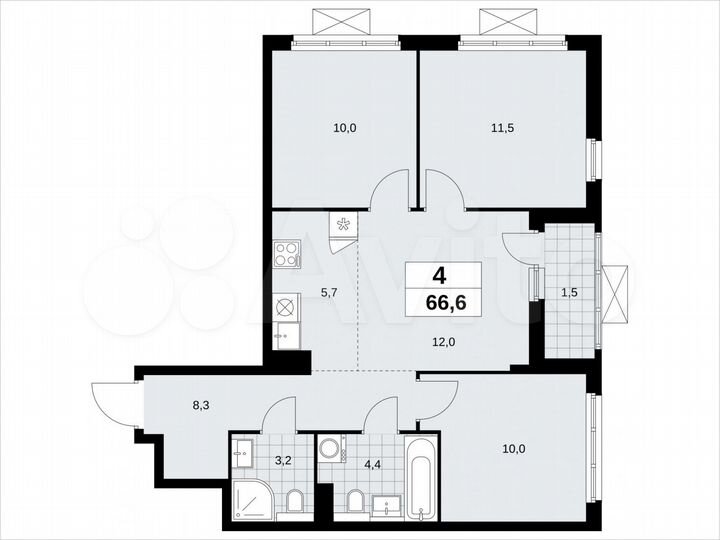 4-к. квартира, 66,6 м², 12/19 эт.