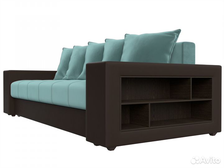 Диван прямой Дубай полки справа, велюр, экокожа, бирюзовый, коричневый