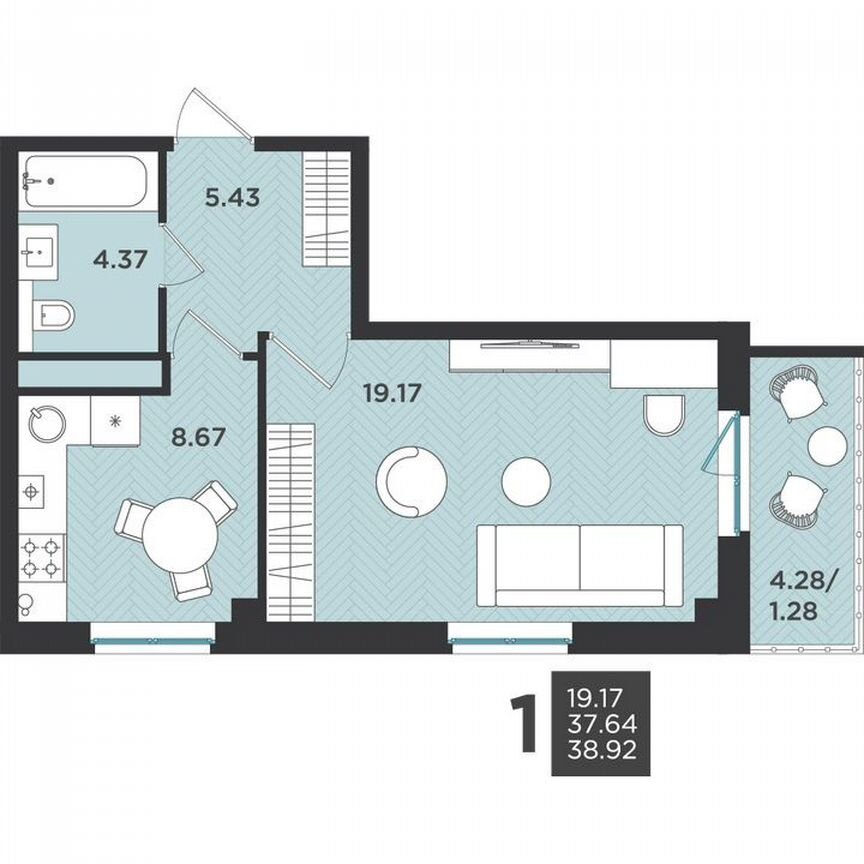 1-к. квартира, 38,9 м², 2/4 эт.