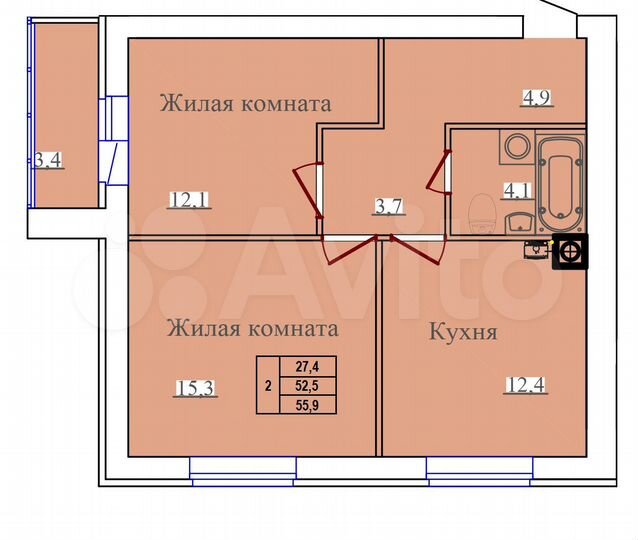 2-к. квартира, 55,9 м², 9/14 эт.
