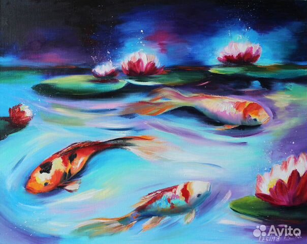 Картина маслом на холсте с карпами 35/50 см