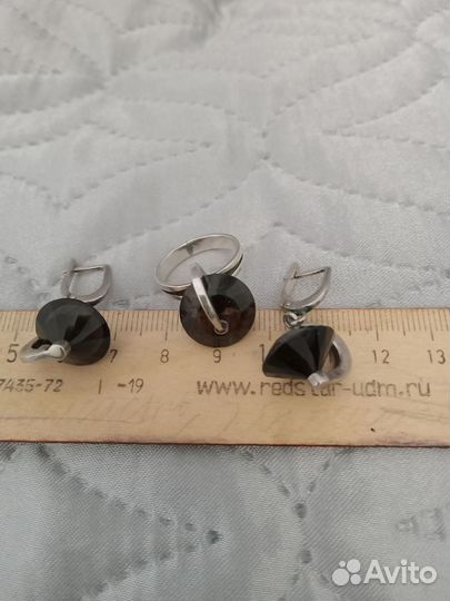 Серебряные серьги и кольцо, раухтопаз, 925