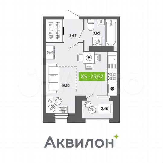 Квартира-студия, 25,6 м², 12/16 эт.