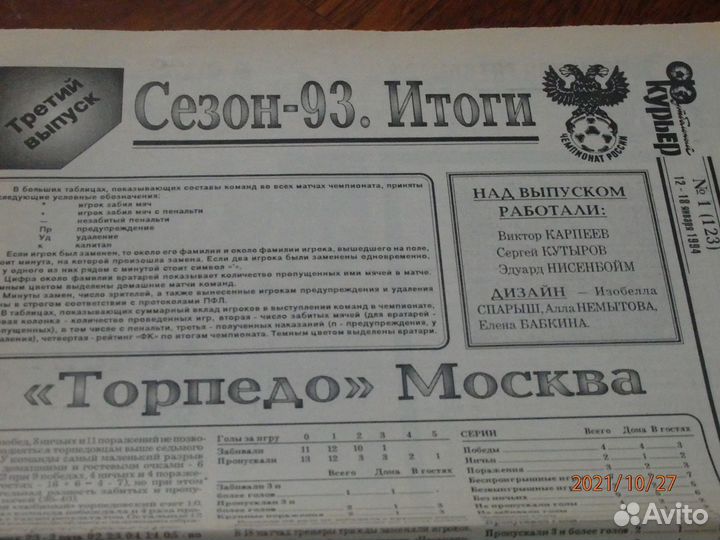 Футбольный курьер. Итоговые выпуски 1993 год