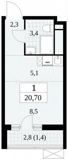 Квартира-студия, 20,7 м², 15/15 эт.