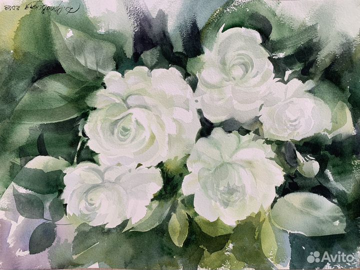 Картина белые розы акварель оригинал