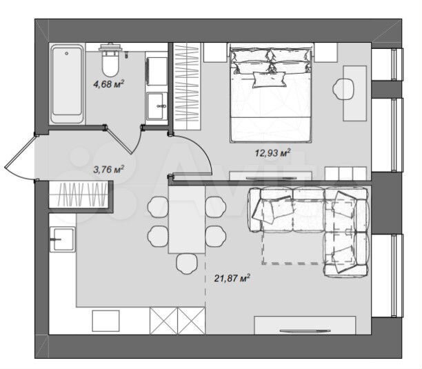Своб. планировка, 43,2 м², 3/9 эт.