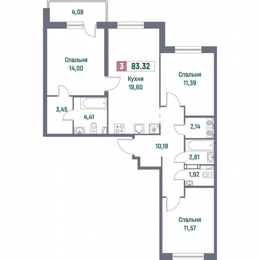 3-к. квартира, 83,3 м², 2/16 эт.