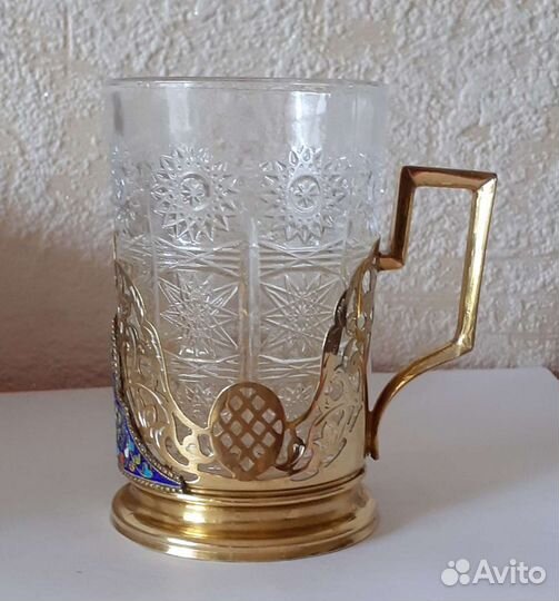 Подстаканник серебро 875 кокошник эмаль позолота