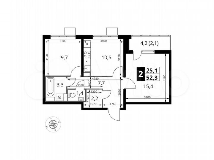 2-к. квартира, 52,3 м², 4/25 эт.