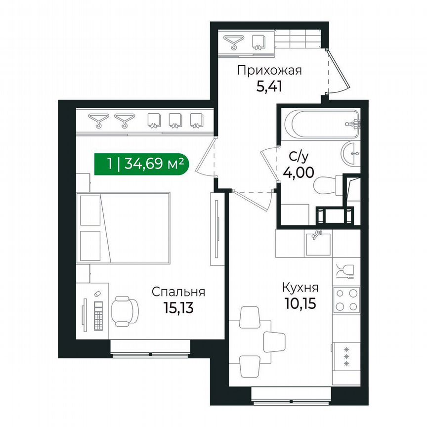 1-к. квартира, 34,7 м², 2/8 эт.