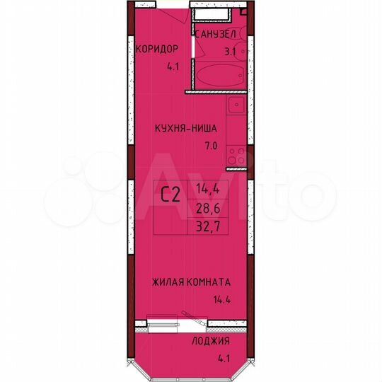 Квартира-студия, 32,7 м², 4/17 эт.