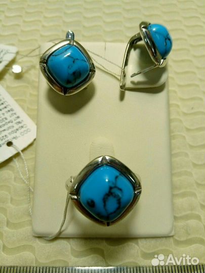 Серьги, кольца серебряные с рек.бирюзой