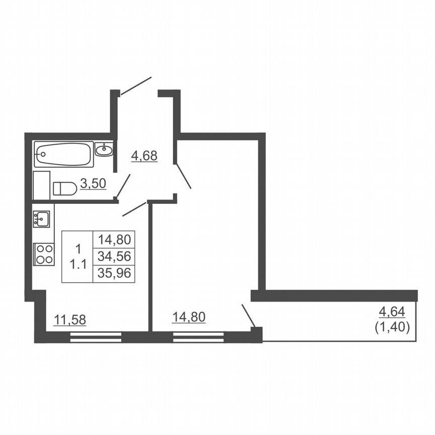 1-к. квартира, 36 м², 7/16 эт.