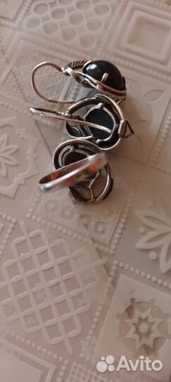 Серьги и кольцо ссср,камень агат