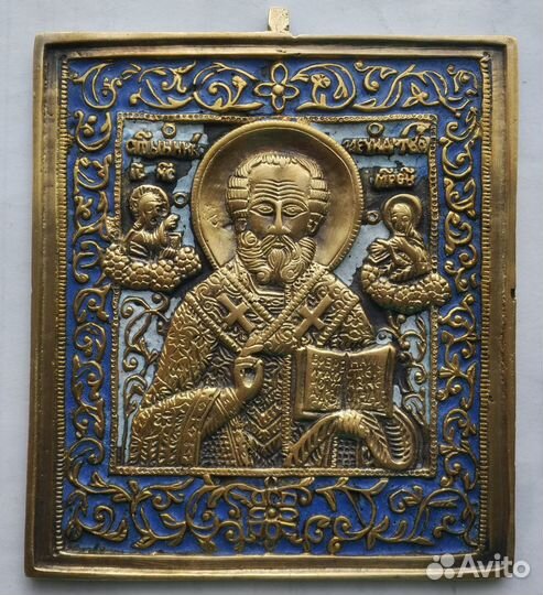 Икона бронзовая. Николай Чудотворец 19 век, эмали
