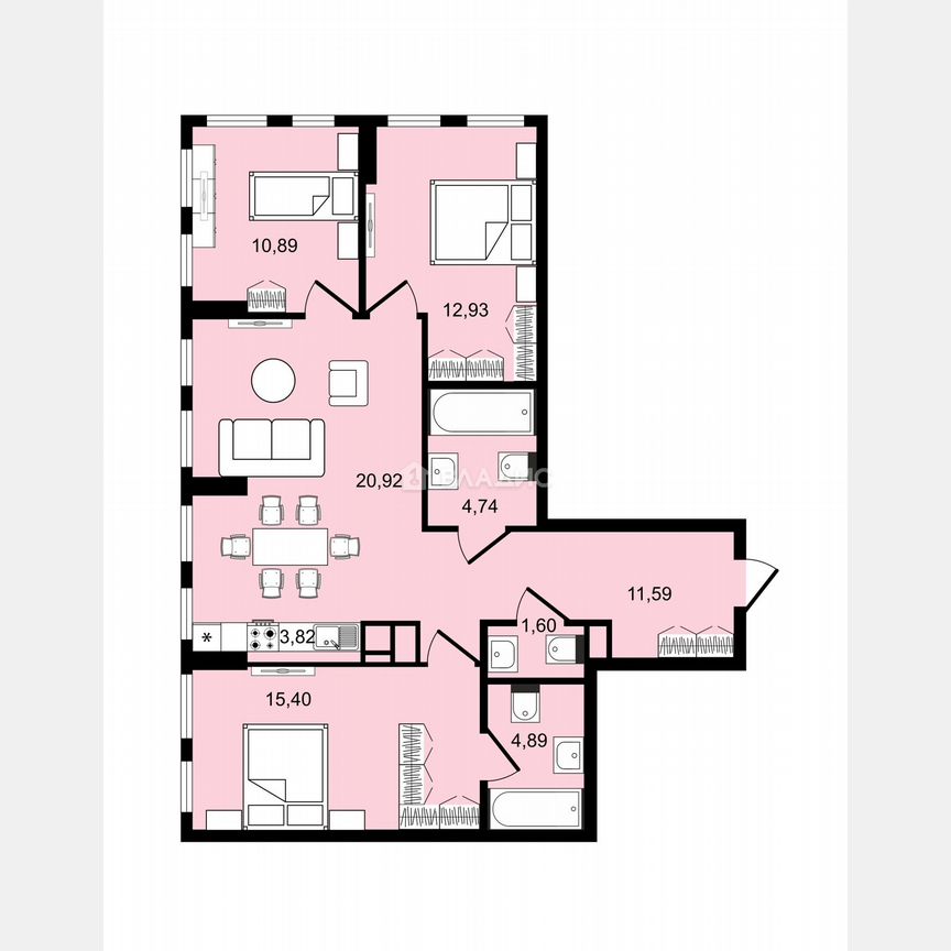 3-к. квартира, 86 м², 32/44 эт.