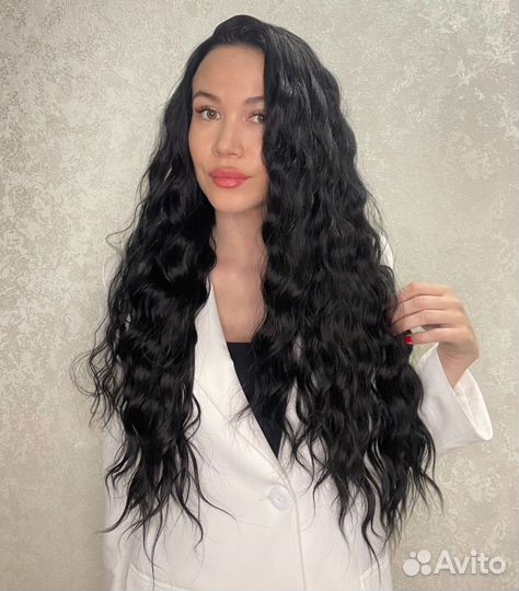 Парик полусистема чёрный локоны
