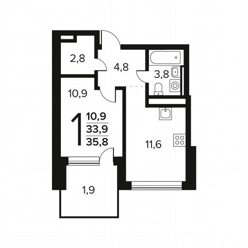 1-к. квартира, 35,8 м², 1/12 эт.