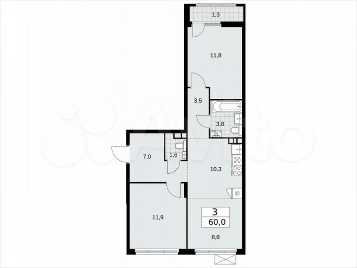 3-к. квартира, 60 м², 4/16 эт.
