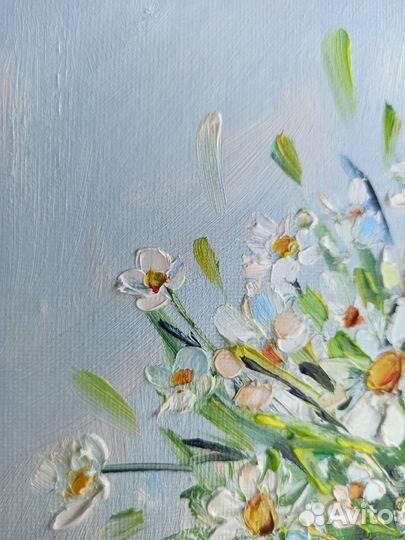 Картина Ромашки маслом цветы полевые холст 30х30см