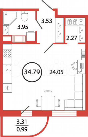 Квартира-студия, 34,8 м², 4/12 эт.
