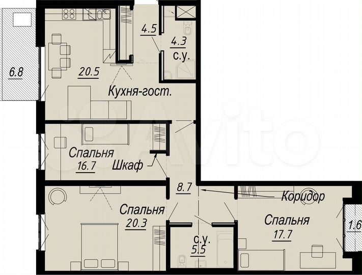 3-к. квартира, 104,9 м², 6/8 эт.