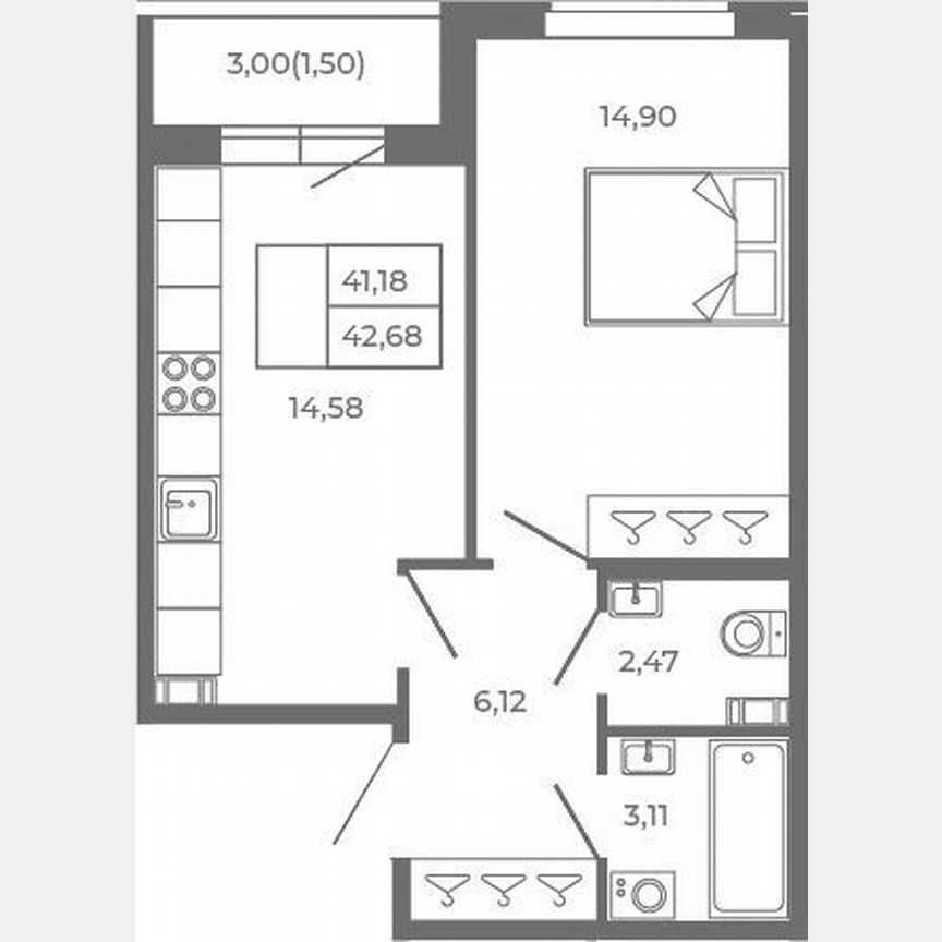 1-к. квартира, 41,2 м², 1/4 эт.