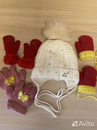Шапка зимняя для девочки 1-2 года с варежками
