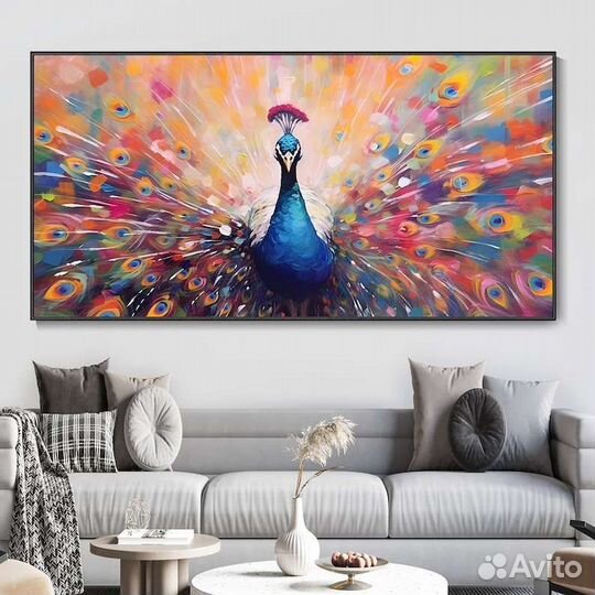 Картина маслом Яркие перья павлина