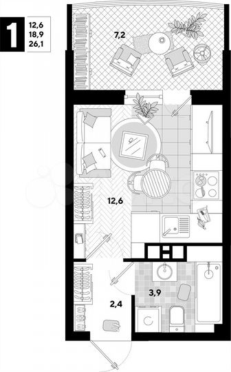 Квартира-студия, 26,1 м², 6/16 эт.