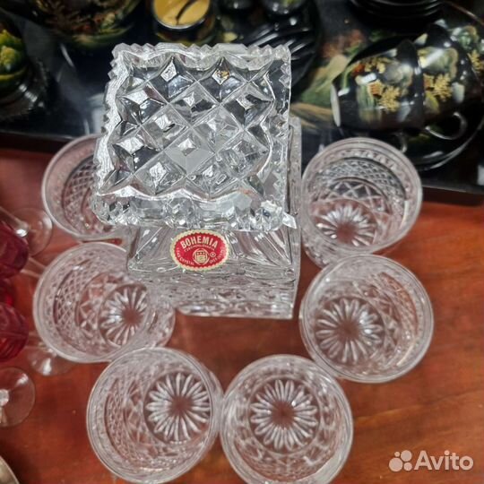 Графин хрустальный + 6 стаканов, 6 рюмок богемия