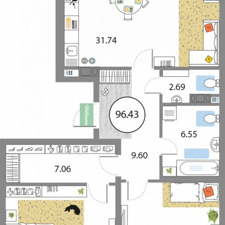 2-к. квартира, 96,4 м², 3/12 эт.