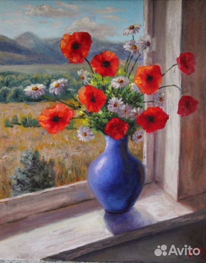 Картина Маки и Ромашки Натюрморт Горный Пейзаж