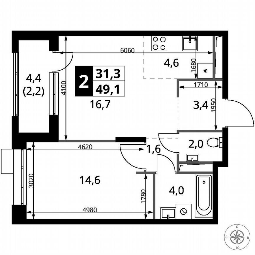 1-к. квартира, 49,1 м², 19/25 эт.