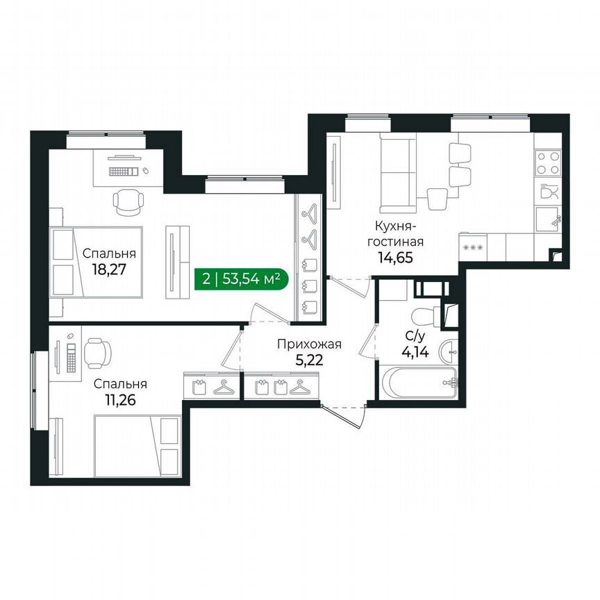 2-к. квартира, 53,5 м², 2/8 эт.