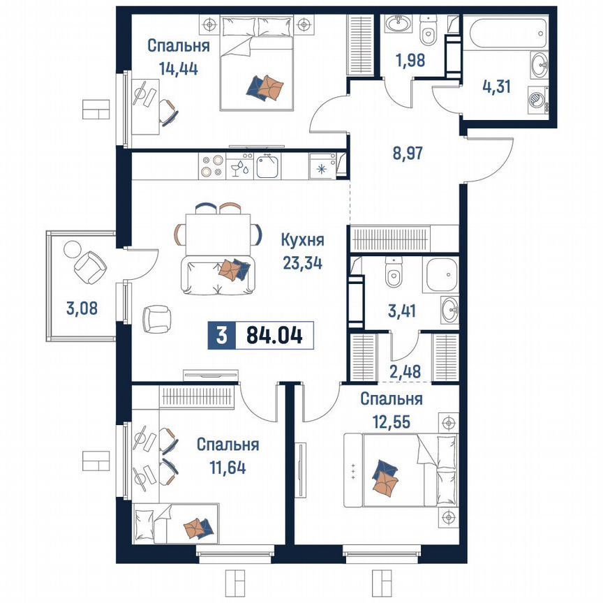 3-к. квартира, 84 м², 5/18 эт.