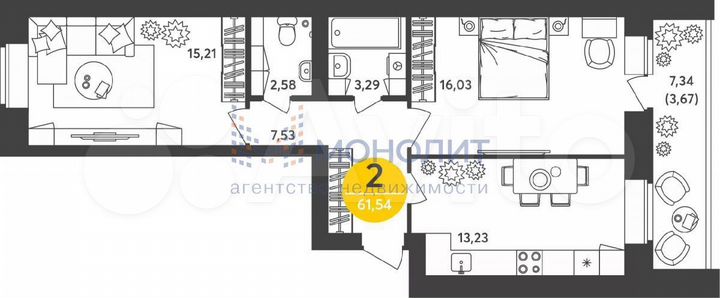 2-к. квартира, 58,4 м², 1/9 эт.