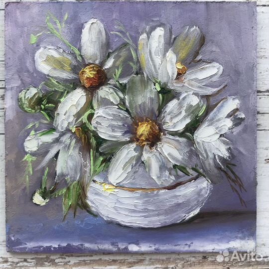 Картина маслом миниатюра Белые космеи