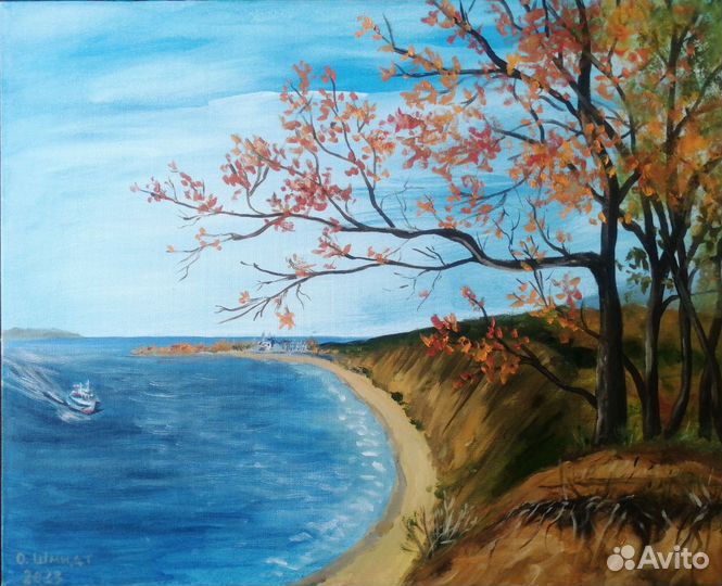 Осенний пляж. Картина маслом на холсте 40х50