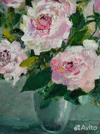 Картина маслом цветы. Розы. Холст 25х35 см. Лак